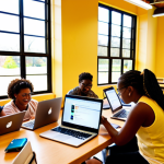 **Prompt:** A diverse group of people using laptops and tablets at a community center. Sunlight streams in through large windows. Some are learning from an instructor, while others collaborate on projects. The atmosphere is bright, welcoming, and focused on digital literacy. In the background, a banner reads "Free Wi-Fi & Computer Classes." Style: Realistic, warm lighting, vibrant colors.