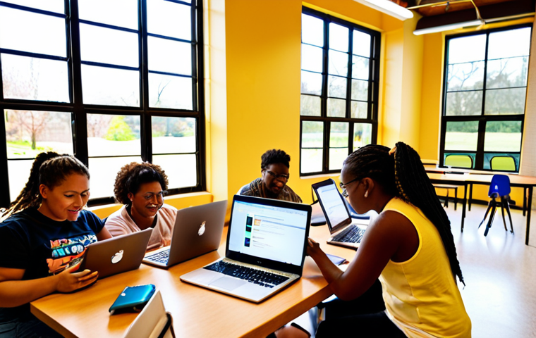 **Prompt:** A diverse group of people using laptops and tablets at a community center. Sunlight streams in through large windows. Some are learning from an instructor, while others collaborate on projects. The atmosphere is bright, welcoming, and focused on digital literacy. In the background, a banner reads "Free Wi-Fi & Computer Classes." Style: Realistic, warm lighting, vibrant colors.