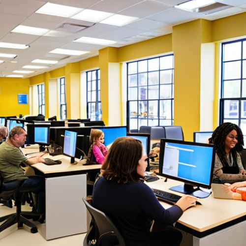 **

"A vibrant, bustling community technology center. Diverse group of people of all ages learning together at computers. Brightly lit, modern interior. Bookshelves and comfortable seating in the background. Emphasis on collaboration and support. Focus on positive community engagement. Natural lighting."

**