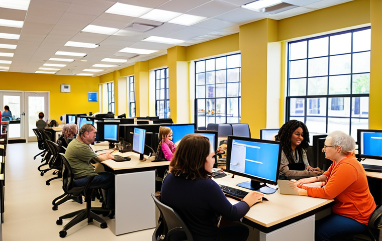 **
"A vibrant, bustling community technology center. Diverse group of people of all ages learning together at computers. Brightly lit, modern interior. Bookshelves and comfortable seating in the background. Emphasis on collaboration and support. Focus on positive community engagement. Natural lighting."
**