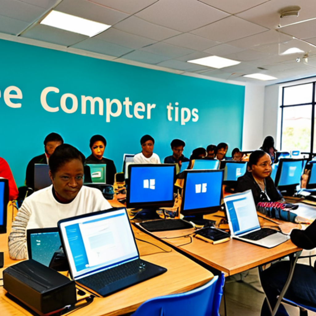 **Image:** A brightly lit community center bustling with activity. Individuals of various ages and backgrounds are participating in a digital literacy workshop. Some are using laptops, others are listening attentively to an instructor at the front. Banners promoting "Free Computer Skills Training" and "Internet Safety Tips" are visible. **Prompt:** "A diverse group of people participating in a digital literacy workshop at a community center, learning basic computer skills, safe for work, appropriate content, fully clothed, professional, perfect anatomy, natural pose, high quality."