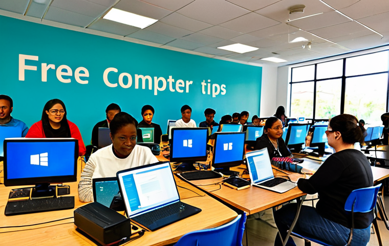 **Image:** A brightly lit community center bustling with activity. Individuals of various ages and backgrounds are participating in a digital literacy workshop. Some are using laptops, others are listening attentively to an instructor at the front. Banners promoting "Free Computer Skills Training" and "Internet Safety Tips" are visible. **Prompt:** "A diverse group of people participating in a digital literacy workshop at a community center, learning basic computer skills, safe for work, appropriate content, fully clothed, professional, perfect anatomy, natural pose, high quality."