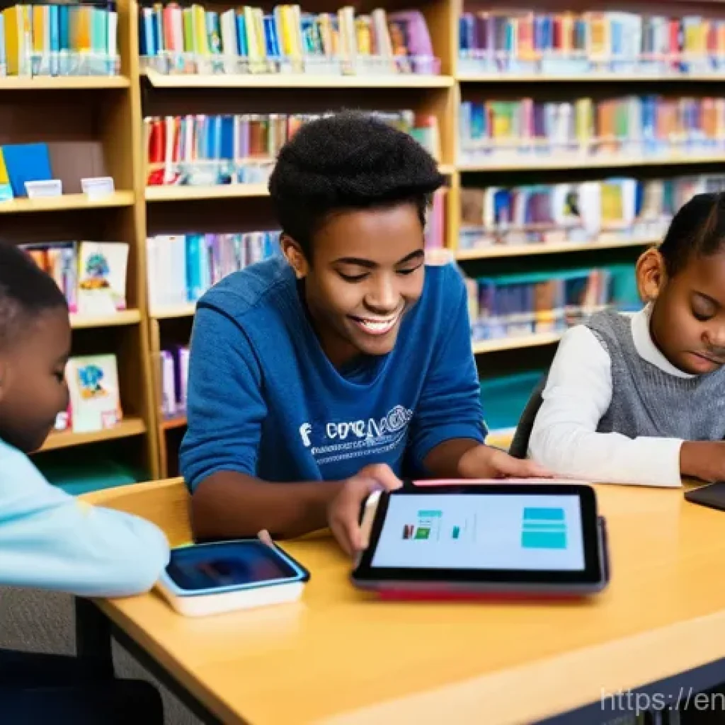 기술 격차 해소를 위한 과학 기술 교육 - **A bustling and inviting community digital literacy hub within a modern public library.** Diverse i...