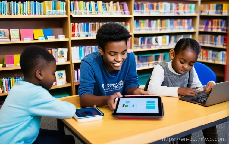 기술 격차 해소를 위한 과학 기술 교육 - **A bustling and inviting community digital literacy hub within a modern public library.** Diverse i...