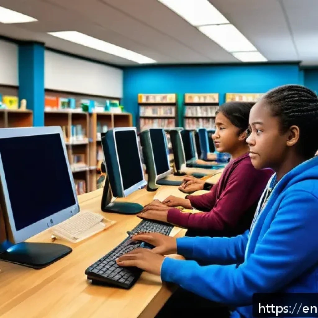 기술 격차를 줄이기 위한 커뮤니티 프로그램 - A warm, inviting small-town library computer lab scene featuring diverse community members of variou...