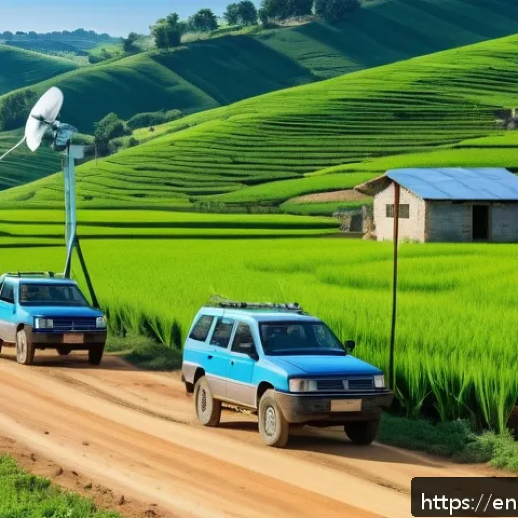 기술 격차 해소를 위한 비전과 전략 수립 - A vibrant rural community scene showcasing the deployment of modern broadband infrastructure: techni...