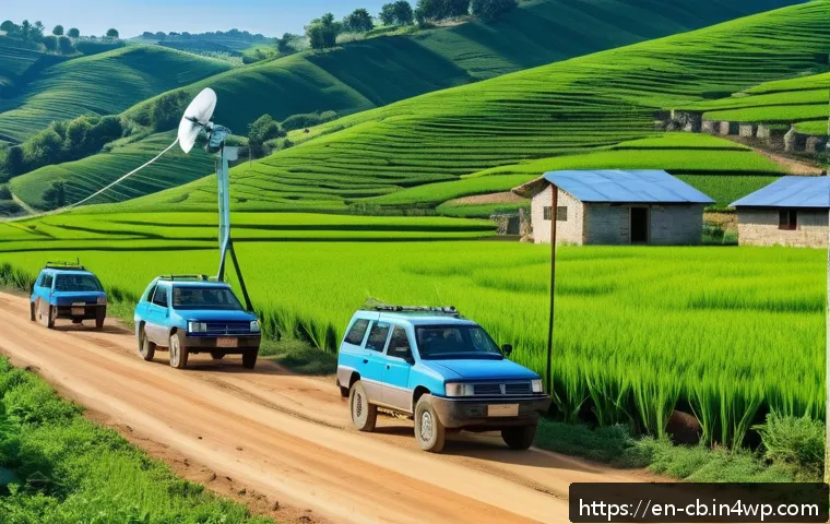기술 격차 해소를 위한 비전과 전략 수립 - A vibrant rural community scene showcasing the deployment of modern broadband infrastructure: techni...