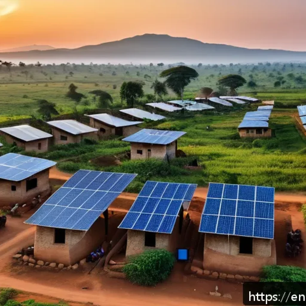 AI를 통한 기술 격차 해소 전략 - A vibrant rural village in sub-Saharan Africa during sunset, featuring AI-powered satellite internet...