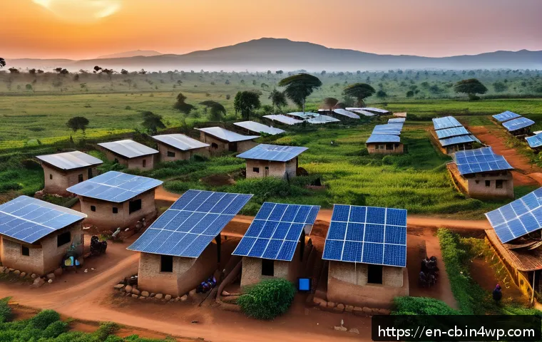 AI를 통한 기술 격차 해소 전략 - A vibrant rural village in sub-Saharan Africa during sunset, featuring AI-powered satellite internet...
