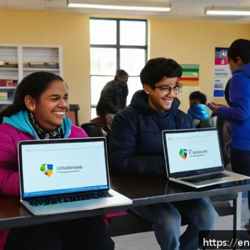 Home 31 기술 격차 해소를 위한 자원 동원 전략 - A vibrant community center scene featuring diverse people of all ages engaging in a laptop lending p...