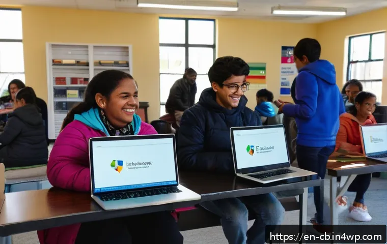 기술 격차 해소를 위한 자원 동원 전략 - A vibrant community center scene featuring diverse people of all ages engaging in a laptop lending p...
