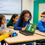 Home 18 기술 격차 해소를 위한 STEM 교육 프로그램 - A vibrant classroom scene showing diverse middle school students actively engaged in a hands-on STEM...