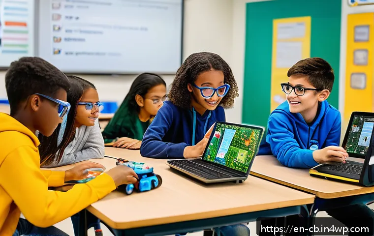 기술 격차 해소를 위한 STEM 교육 프로그램 - A vibrant classroom scene showing diverse middle school students actively engaged in a hands-on STEM...