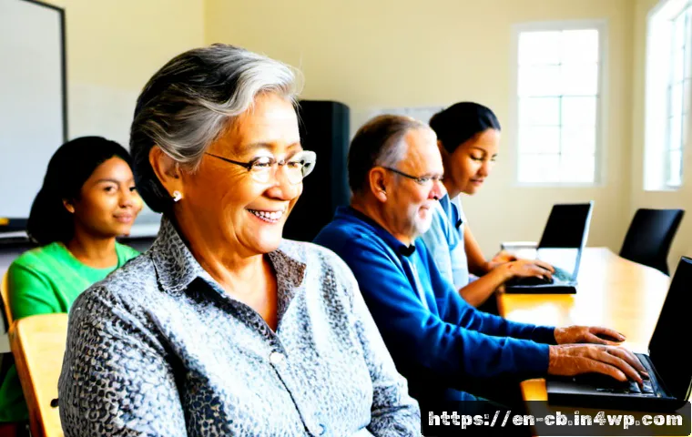 기술 격차 해소의 경제적 효과 분석 - Photorealistic modern American community technology training center, diverse older adults and young ...